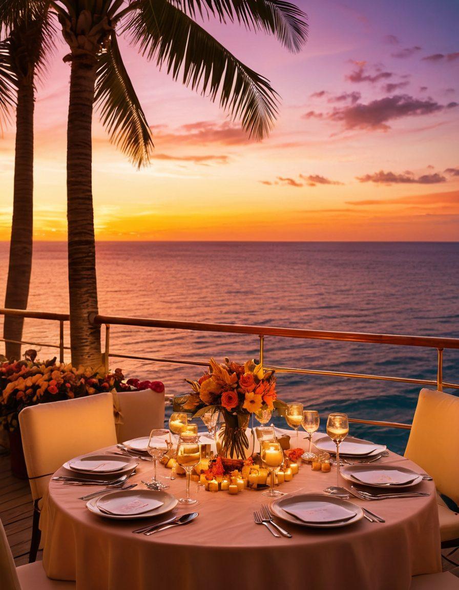 A romantic cruise ship sailing on a serene ocean at sunset, adorned with wedding decorations and couples enjoying their honeymoons. The warm colors of the sunset reflect on the water, with palm trees lining the ship's deck. In the foreground, a beautifully set dining table for two, complete with candles and floral arrangements. Create an inviting and dreamy atmosphere that captures the essence of love and celebration. super-realistic. vibrant colors. sunset background.