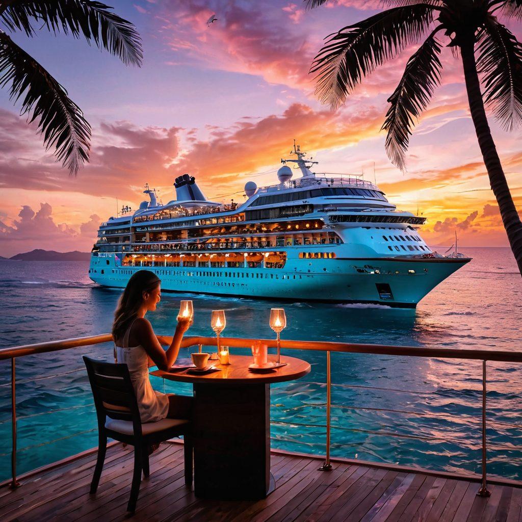 A luxurious cruise ship sailing through crystal-clear turquoise waters at sunset, surrounded by vibrant tropical islands. A couple enjoys a romantic dinner on the deck, with fairy lights twinkling around them. Palm trees sway gently in the warm breeze, and the sky is painted in hues of orange and pink. Soft waves lap against the hull, creating a serene atmosphere of love and adventure. super-realistic. vibrant colors. sunset background.
