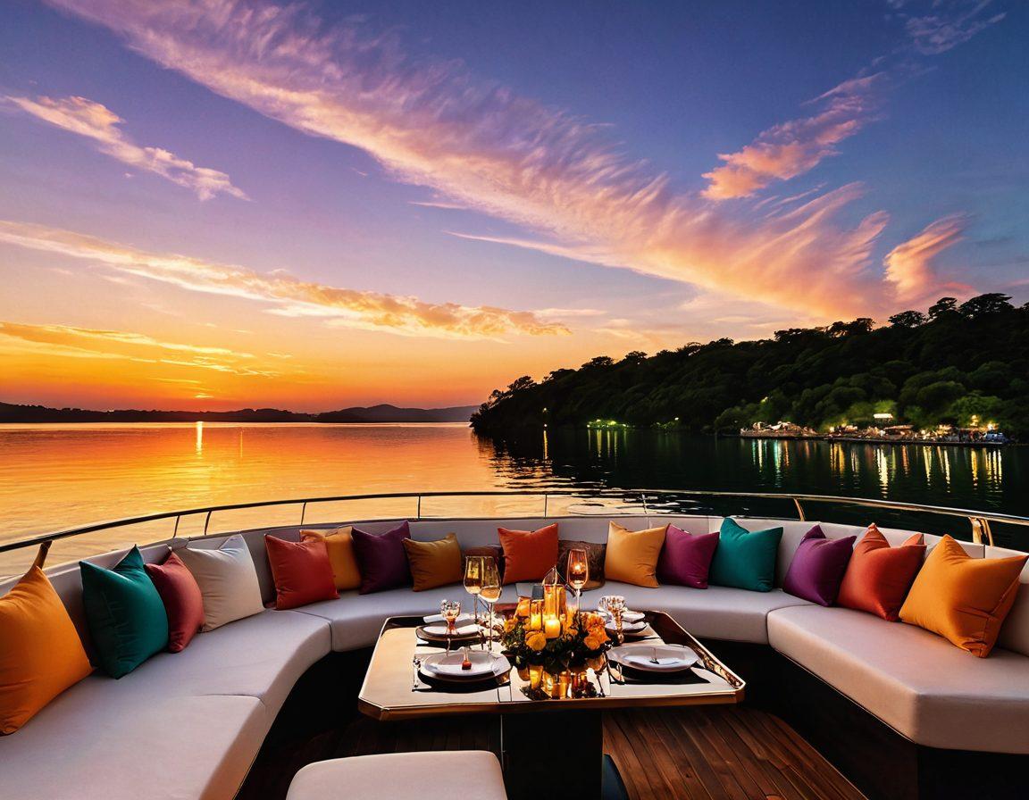 A serene sunset scene on a luxurious boat, gently floating on shimmering water. Cozy couples are enjoying a candlelit dinner on deck, surrounded by elegant decorations and soft cushions. In the background, lush green islands and a colorful sky create a romantic atmosphere. The overall vibe is both opulent yet accessible, showcasing affordable luxury. vibrant colors. super-realistic. idyllic sunset.